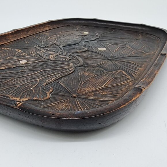 Chinese Carved Wooden Tray Lotus Leaves Frog Pulling Turtle Leg VTG Inlay - Picture 7 of 9